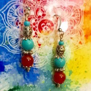 CARNELIAN EARRINGS, MAGNESITE, SILVERY BALI-BEADS